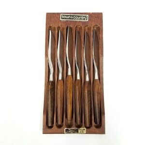 Vintage Steak Knife Set 8 MCM Wood Fleetwood Handle with Tray Town & Country